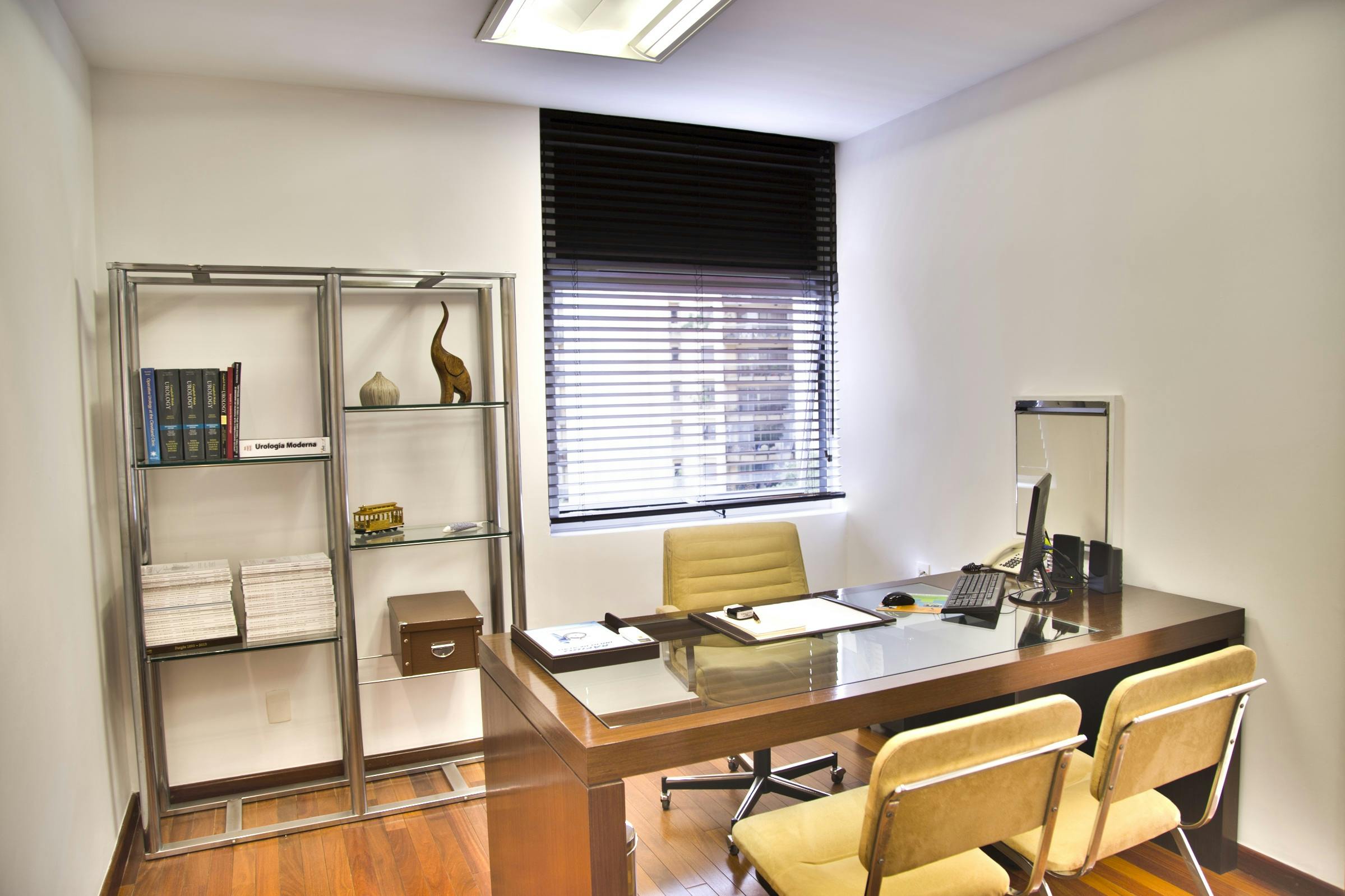 Sleek and contemporary office space featuring a wooden desk, chairs, and organized shelves.